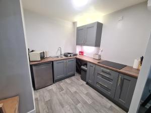 a kitchen with gray cabinets and a wooden floor at Mailbox and Broad St in Birmingham