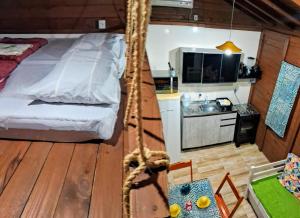 a room with a bed and a kitchen in a house at Chalé piscina compartilhada com cozinha in Imbituba +7 photos