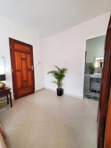 a hallway with a door and a potted plant at Faraja Homestay Mwanza in Mwanza