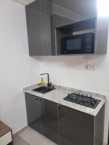 a kitchen with a stove and a microwave at OD-VICK'S PLUSH STUDIOS, Utako in Abuja