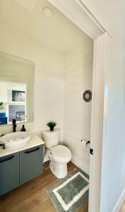 a bathroom with a toilet and a sink and a mirror at Luxury 3Br Oasis Gated Yard Pets Welcome in Langley +17 photos