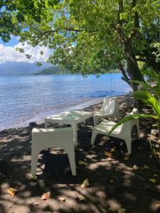 a picnic table and two chairs under a tree next to the water at Rainbow beach Bungalow in Matura