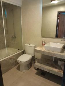 a bathroom with a toilet and a sink and a mirror at Apart hotel GAVA in Encarnación