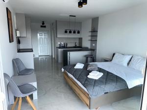 a bedroom with a large bed and a kitchen at Apartman Triton in Ulcinj