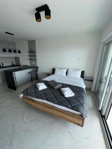 a bedroom with a large bed and a desk at Apartman Triton in Ulcinj
