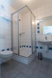 uma casa de banho com um chuveiro, um WC e um lavatório. em Apartment Haus em Kleinblittersdorf