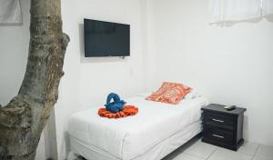 a bedroom with a bed with a tv on the wall at Carpao Lodging Galapagos in Puerto Ayora