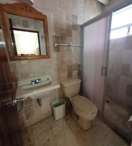 a bathroom with a toilet and a sink and a mirror at Hotel Kootznoowoo in Puerto Escondido +66 photos