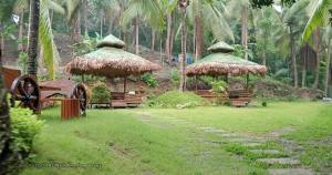 a park with benches and straw umbrellas and palm trees at Campo De Laiya in San Juan