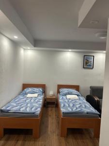 a room with two beds in a room with a couch at Apartmány u Honzíka in Sokolov