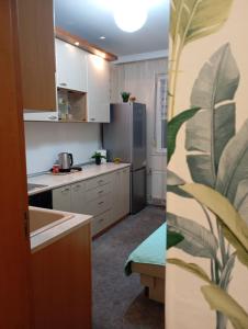 a kitchen with white cabinets and a stainless steel refrigerator at ADELA Apartment center city in Ruse