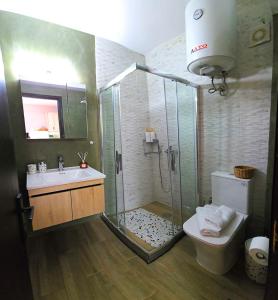 a bathroom with a shower and a toilet and a sink at Olive Groove Chios in Chios +14 photos