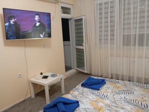 a bedroom with a bed and a tv on the wall at ADELA Apartment center city in Ruse