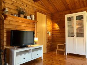 a living room with a television on a white cabinet at Ferienhaus Neckar 43 in Hayingen