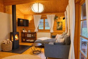 a living room with a couch and a fireplace at Ferienhaus Tauber 29 in Hayingen