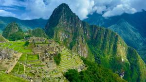 an aerial view of machu picchu ruins on a mountain at Inti Punku Machupicchu Hotel & Suites in Machu Picchu