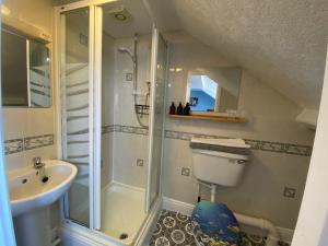 a bathroom with a shower and a toilet and a sink at Haddock Hideaway at The Whiteley in Scarborough +74 photos