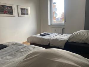 a bedroom with two beds and a window at Stefans Apartments B - 20 min bis DD Messe und Flughafen inkl Parkplatz in Willich +4 photos