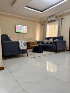 a living room with two blue couches and a tv at Destiny Executive Apartments in Solwezi