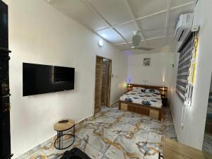 a bedroom with a bed and a tv on a wall at Jajoux Homes in Azohoué-Hiho