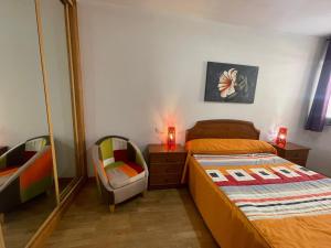 a bedroom with a bed and a mirror and a chair at Amplio Loft con plaza de garaje in Cangas de Onís +21 photos