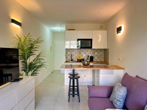 a living room with a purple couch and a kitchen at Cocoon Studio Ciel de Fabron in Nice