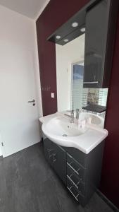 a bathroom with a white sink and a mirror at Schwedenhaus, Am Achterwasser, Urlaub mit Hund in Lütow +14 photos