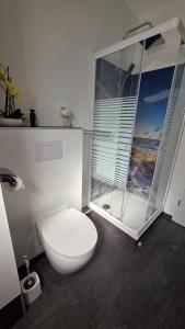 a white toilet in a bathroom with a window at Schwedenhaus, Am Achterwasser, Urlaub mit Hund in Lütow