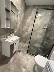 a bathroom with a shower and a toilet and a sink at Central Lux Stay Prilep in Prilep