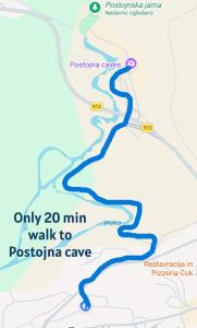 a map of the path to postojna cave at Double Room with Breakfast Free Parking and EV ready in Postojna