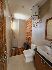 a bathroom with a toilet and a sink at Lushtree Backpackers - Hostel & Cafe in Mukteshwar +57 photos