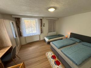 a small room with two beds and a window at Apartmány 107 in Olešnice v Orlických horách