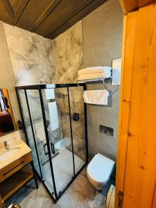 a bathroom with a shower and a toilet and a sink at Berfinn Hotel Beşiktaş in Istanbul