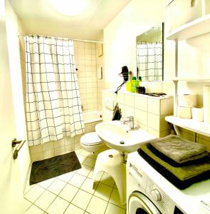 a bathroom with a sink and a toilet and a shower at Weimar Cityappartement in Weimar