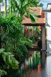 a stream in front of a building with palm trees at El Barrio Lanna in Chiang Mai