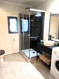 a bathroom with a shower with a sink and a toilet at La Borieta in Labastide-de-Penne