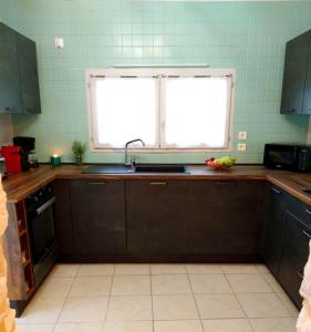 a kitchen with a sink and a window at La Borieta in Labastide-de-Penne