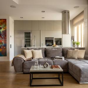 a living room with a gray couch and a table at Sky & Spa Luxury Residence in Warsaw