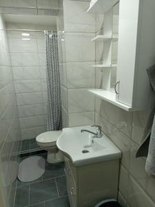 a white bathroom with a toilet and a sink at Fantazija Tešnjar Apartment in Valjevo