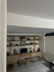 a living room with a tv on a shelf at Plepi's Seaside Villa in Plépi