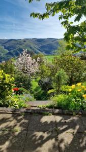 a view of a garden with flowers and trees at Ferienwohnung Pfalzblick in Bacharach