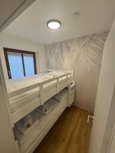 Ein Zimmer mit einem Etagenbett und einer Wand mit einem Wandgemälde in der Unterkunft P-Hosting S3 in Schlier