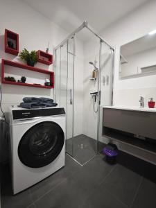 a washing machine in a bathroom with a sink at Fountain Suite Gmunden - balcony - Luxuriöses Apartment mit Balkon in Gmunden