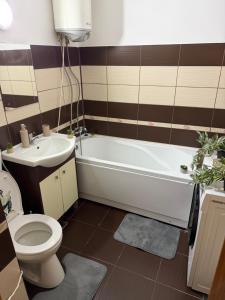 a bathroom with a tub and a toilet and a sink at Apart1 in Drobeta-Turnu Severin