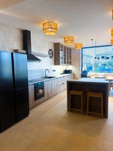 a kitchen with a black refrigerator and a counter at Vila CampoAmor Pasohlávky in Pasohlávky