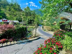 a winding road with flowers on the side of a mountain at Sam Hotel Lào Cai in Pu Chu Chay +41 photos