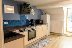 a kitchen with white appliances and a blue wall at Ferienwohnung Otto in Pegnitz