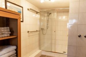 a bathroom with a shower with a glass door at Ferienwohnung Otto in Pegnitz +18 photos