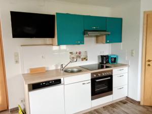 eine Küche mit weißen und grünen Schränken und einer Spüle in der Unterkunft Wohlfühlwohnung in Rappottenstein + 12 Fotos