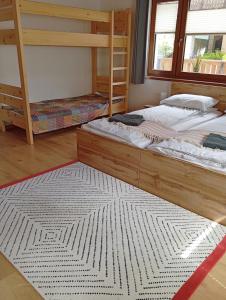a bedroom with two bunk beds and a rug at Apartma Discovering Slovenia in Luče